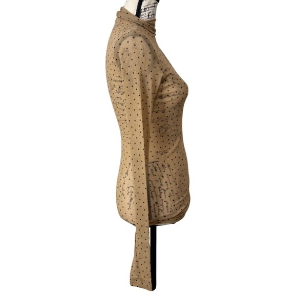 Enza Costa Sheer Top Long-Sleeve Turtleneck Tan + Black Polka Dot Womens Size M - Picture 3 of 9